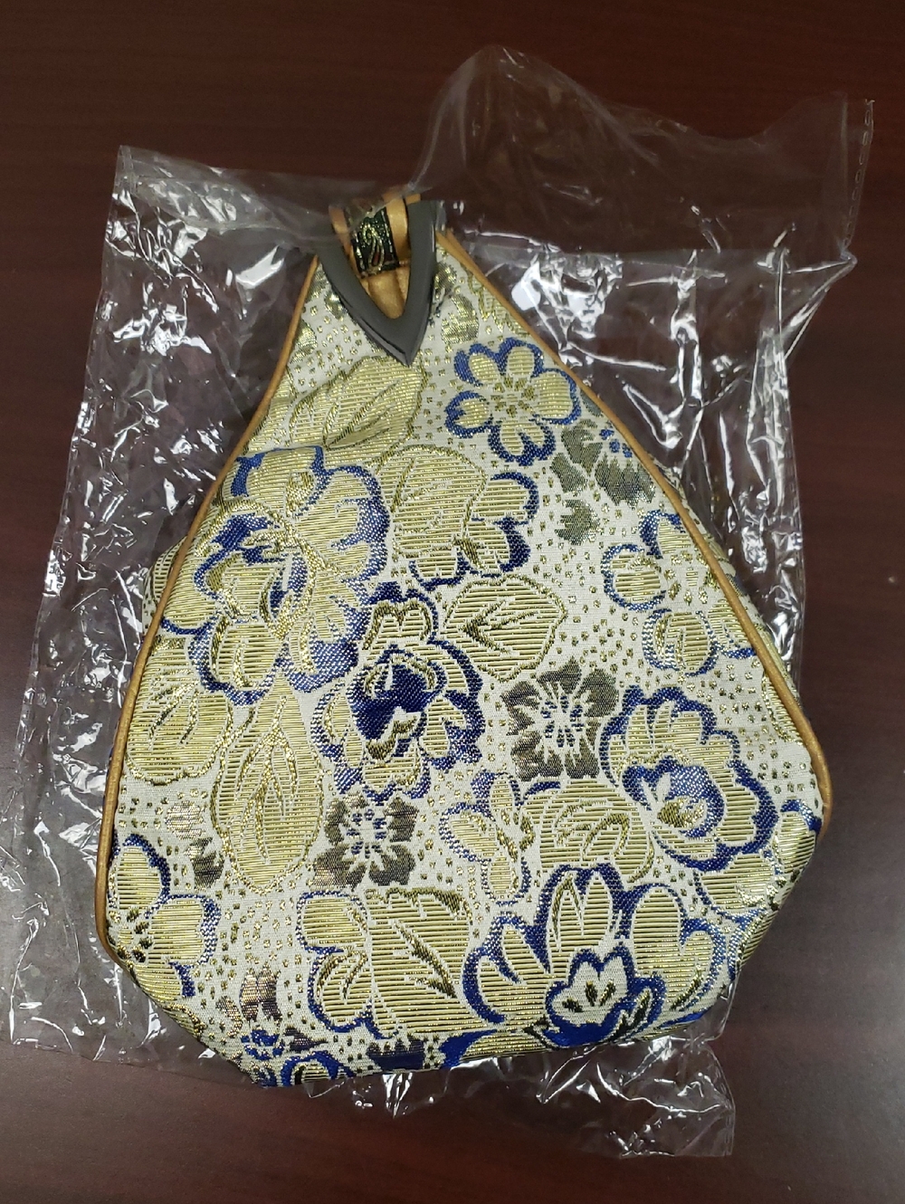 Elegant Floral Embroidered Women’s Handbag in Gold and Blue